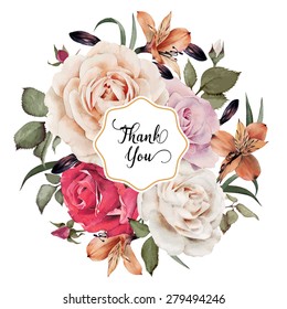 Greeting card with roses, watercolor, can be used as invitation card for wedding, birthday and other holiday and  summer background. Vector illustration.
