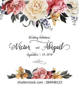 Greeting card with roses, watercolor, can be used as invitation card for wedding, birthday and other holiday and  summer background. Vector illustration.
