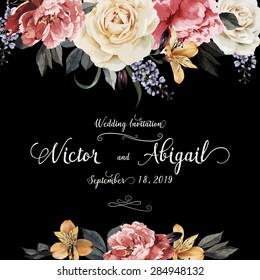 Greeting card with roses, watercolor, can be used as invitation card for wedding, birthday and other holiday and  summer background. Vector illustration.
