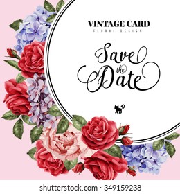 Greeting card with roses, watercolor, can be used as invitation card for wedding, birthday and other holiday and  summer background. Vector illustration.
