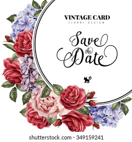 Greeting card with roses, watercolor, can be used as invitation card for wedding, birthday and other holiday and  summer background. Vector illustration.
