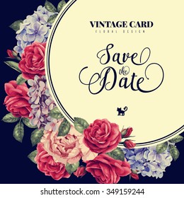 Greeting card with roses, watercolor, can be used as invitation card for wedding, birthday and other holiday and  summer background. Vector illustration.
