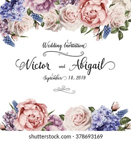 Greeting card with roses, watercolor, can be used as invitation card for wedding, birthday and other holiday and  summer background. Vector illustration.
