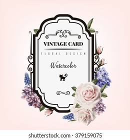 Greeting card with roses, watercolor, can be used as invitation card for wedding, birthday and other holiday and  summer background. Vector illustration.
