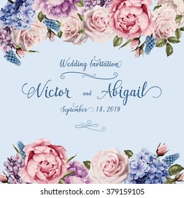 Greeting card with roses, watercolor, can be used as invitation card for wedding, birthday and other holiday and  summer background. Vector illustration.
