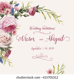 Greeting card with roses, watercolor, can be used as invitation card for wedding, birthday and other holiday and  summer background. Vector illustration.
