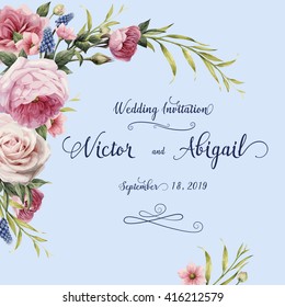 Greeting card with roses, watercolor, can be used as invitation card for wedding, birthday and other holiday and  summer background. Vector illustration.
