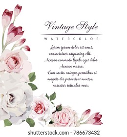 Greeting card with roses, watercolor, can be used as invitation card for wedding, birthday and other holiday and  summer background. Vector illustration.
