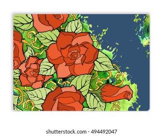 Greeting card with roses, watercolor. Vintage card design for greeting card, wedding invitation, poster, scrapbook. Vector illustration.