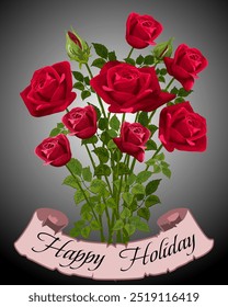 Greeting card with roses.Vector illustration with bouquet of red roses and congratulatory text.