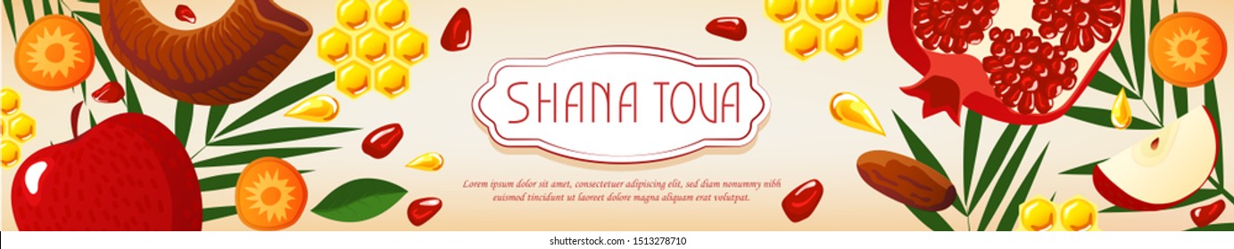 Greeting card Rosh Hasanah. Banner Shana Tova with honey, apple, palm, honeycomb, shofar. New Year in Israeli. Flat style. White background.