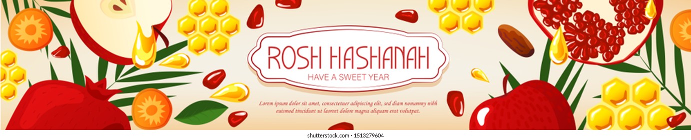 Greeting card Rosh Hasanah. Banner Shana Tova with honey, apple, palm, honeycomb. New Year in Israeli. Flat style. White background.
