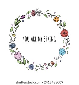 Greeting Card with Round Floral Ornament Frame and Text You Are My Spring