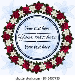 Greeting card with round frame and flowers. Red rose and white lilies.