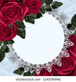 Greeting card with round frame and flowers. Red rose blossom.