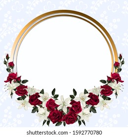 Greeting card with round frame and flowers. Red rose and white lilies.