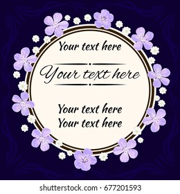 Greeting card with round frame and flowers. White rose, violet geraniums and gypsophila on a dark purple background.