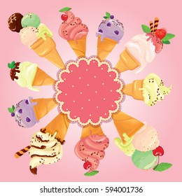 Greeting card with round frame and ice cream cones on pink background. Holiday, summer season or Happy Birthday design.