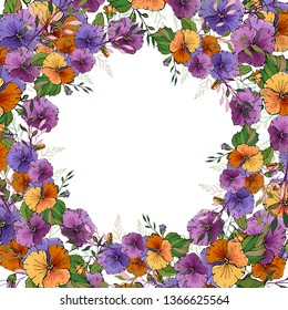 Greeting card with round frame made of pansies.