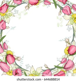 Tarjeta de saludo con marco redondo de tulipanes y daffodils. Flores rosas, amarillas y rojas y espacio para el ensayo