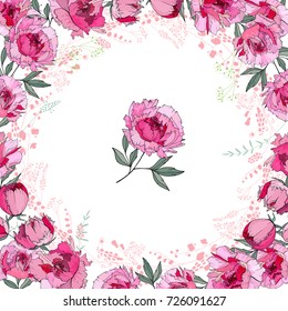 Tarjeta de saludo con marco redondo hecho de rosas. Flores rosas y rojas y espacio para el ensayo