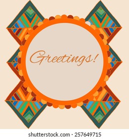 Greeting card with round frame on background with colorful patchwork quilt. Vector illustration.