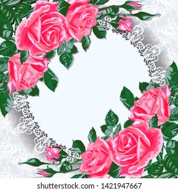 Greeting card with round frame and pink rose flowers.