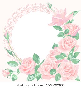 Tarjeta de saludo con marco redondo y flores rosadas.