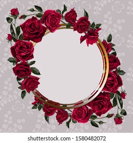 Greeting card with round frame and red rose flowers.