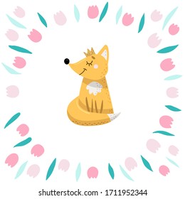 Greeting card with a round frame of tulips on a white background and a cartoon fox in a crown