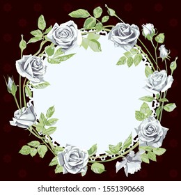 Greeting card with round frame and white rose flowers.