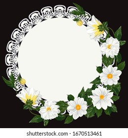 Grußkarte mit rundem Rahmen und weißen Dahlienblumen.