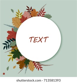 greeting card with round white frame and colorful leaves on a green background