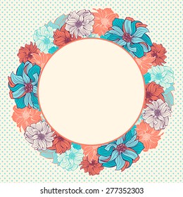 Greeting card with round wreath of hand-drawn Dahlia flowers. Mint (turquoise) and coral colors. Vector illustration.