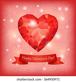 Greeting card with ruby heart, ribbon and lights. Symbol for Valentines Day. Can represent love, Valentine's Day, romance.