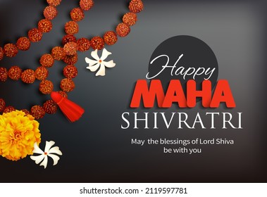 Greeting card with rudraksha (beads) and flowers (zendu, parijat) for Maha Shivratri, a Hindu festival celebrated of Lord Shiva. Vector illustration.