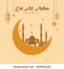 Greeting card with sacrificial lamb and crescent moon. Ed al ad-ha theme Vector illustration.