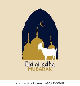 Greeting card with sacrificial sheep and crescent on cloudy night background. Eid Mubarak theme. Eid Al Adha festival. Vector illustration.