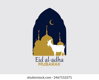 Greeting card with sacrificial sheep and crescent on cloudy night background. Eid Mubarak theme. Eid Al Adha festival. Vector illustration.