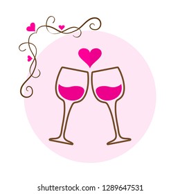 Greeting card for Saint Valentine's Day. Two glasses of wine with heart on pink background. Vector illustration