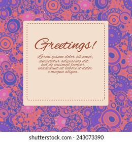 Greeting card with sample "lorem ipsum" text in rectangular frame. Seamless background with hand drawn circles. Violet, purple, pink colors. Clipping mask is used, vector illustration.