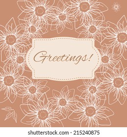 Greeting card with sample text in beige colors with hand drawn line flowers, retro style. Clipping mask is used, vector illustration.