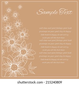 Greeting card with sample text and hand drawn white line flowers in a square frame on a beige background. Clipping mask is used, vector illustration.
