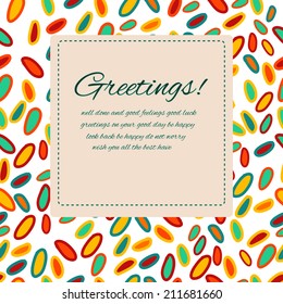 Greeting card with sample text on an ornamental background made of hand drawn ovals in ethnic style, vector illustration, clipping mask is used