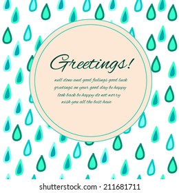 Greeting card with sample text on an ornamental background made of hand drawn raindrops in ethnic style, vector illustration, clipping mask is used