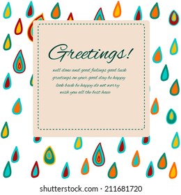 Greeting card with sample text on an ornamental background made of hand drawn raindrops in ethnic style, vector illustration, clipping mask is used