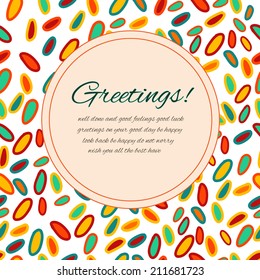 Greeting card with sample text on an ornamental background made of hand drawn ovals in ethnic style, vector illustration, clipping mask is used