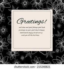 Greeting card with sample text on a black background with hand drawn line white flowers. Clipping mask is used. Vector illustration. Square frame.