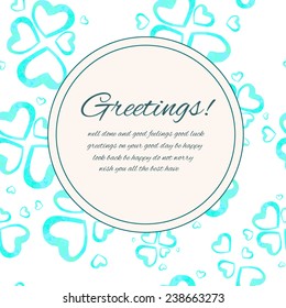 Greeting card with sample text and round frame on a seamless background with blue watercolor hearts. Clipping mask is used, vector illustration.