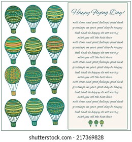 Greeting card with sample text and set of hand drawn air balloons. Vector illustration.